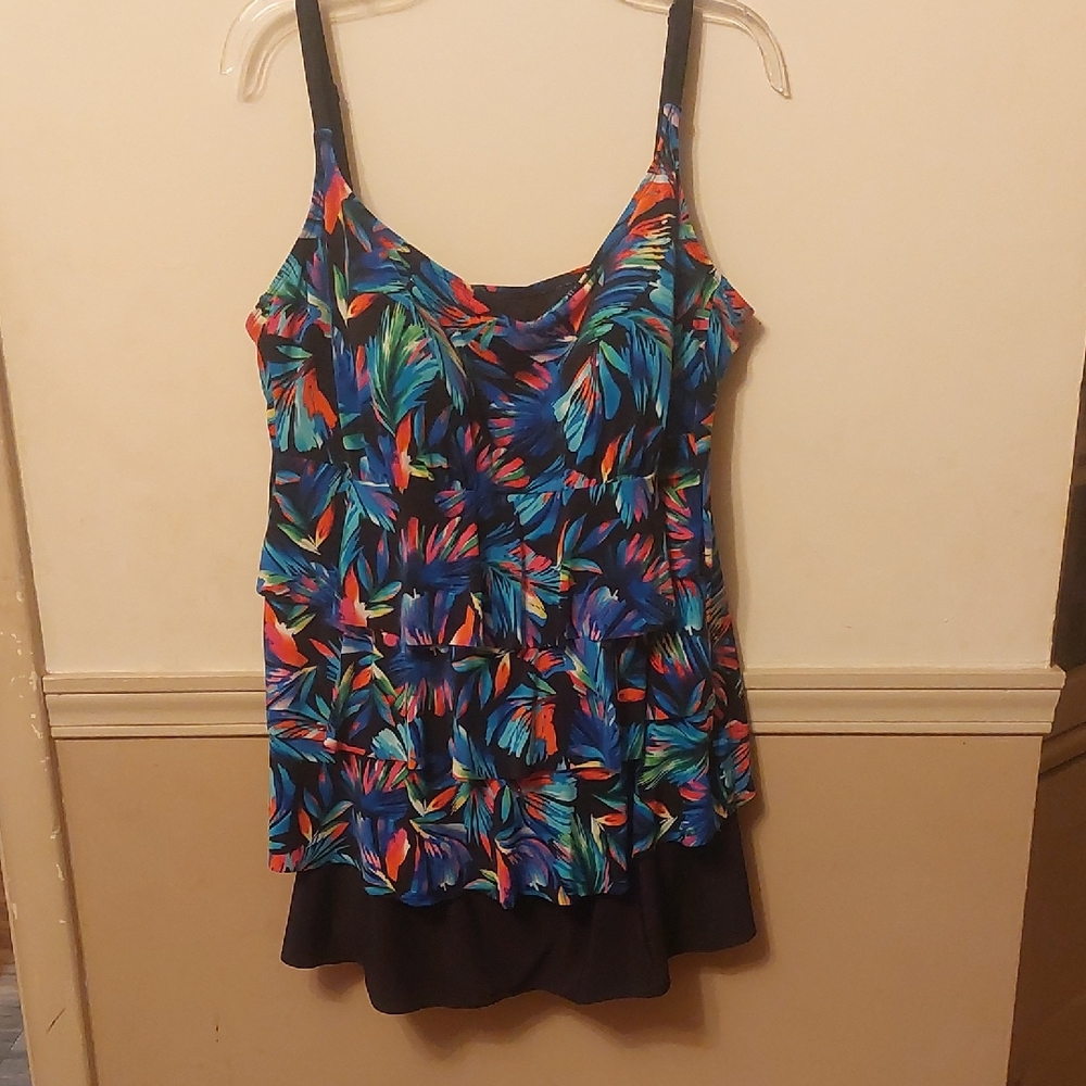 Great Lengths Tropical Black Multi Color Ruffle Skirted One Piece Bathing Sz 20